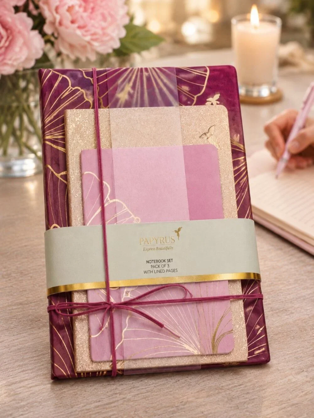 Papyrus Notebook Journal Set Pink Gold 3 Sizes + FREE Papyrus Pen Gift Set